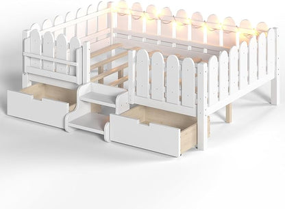 Bellemave Full Size Montessori Bed with Stairs, Lights, Rails and Slats, Full Size Montessori Floor Bed with Bookshelf and 2 Storage Drawers, Easy Assemble Beds Frame for Girls, Boys, White