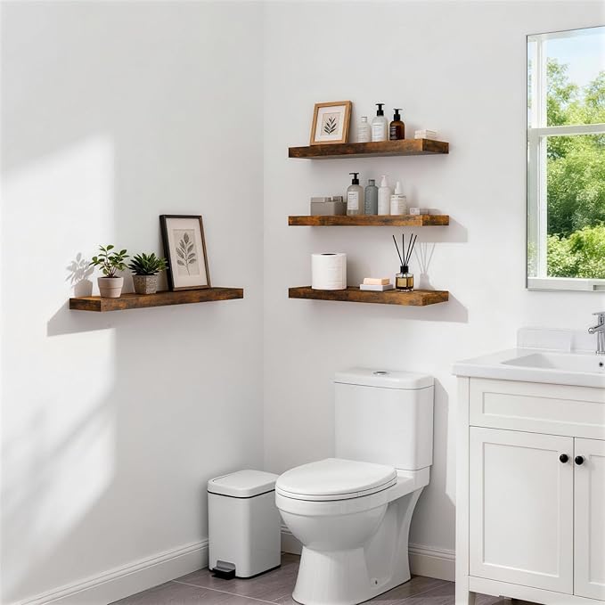 BAYKA Floating Shelves Set of 2, 22.5 inches Farmhouse Rustic Wood Wall Mounted Shelves for Bathroom, Bedroom, Living Room or Kitchen, Hanging Shelf Decor Book with 22lbs Capacity, Rustic Brown