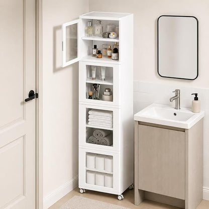 Vtopmart 63.2" Tall Slim Bathroom Storage Cabinet with 4 Adjustable Shelves and 4 Doors, Freestanding Cabinets Organizer with Wheels and Anti-tip for Laundry, Kitchen, Pantry, White