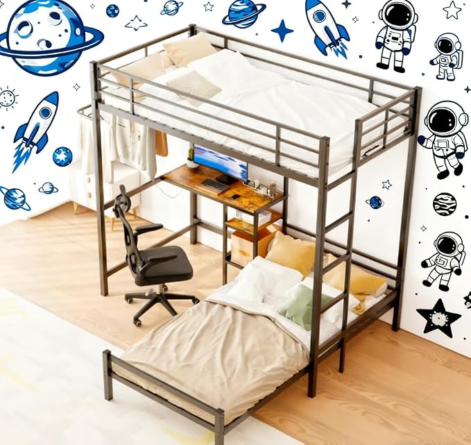 Bellemave Twin Over Twin bunk beds with Desk, loft Bed with Desk and Shelves Drawer, Twin Metal Bunk Beds with Storage, Black