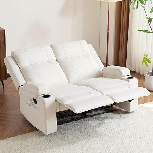 GUEAPY 55" Loveseat Reclining Sofa with Cup Holders – Manual Double Reclining Sofa for Aprtment & Small Spaces, Chenille Fabric Reclinig Couch with Wide Armrests & Side Storage for Livingroom Beige