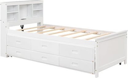 Merax Twin Size Platform Bed with Storage Headboard, USB, Wood Bedframe with Twin Size Trundle and 3 Drawers, White