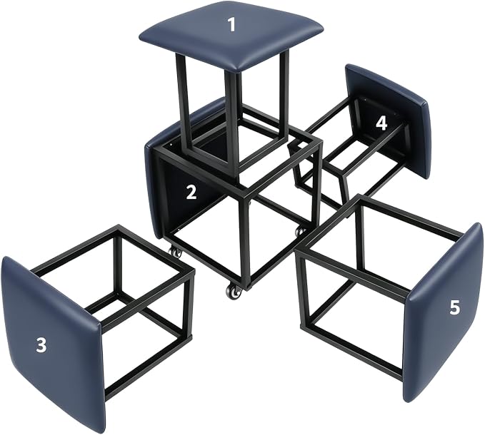 5 in 1 Nesting Ottoman Cube Chair, Stackable Stools, Leather Square Ottoman Bench, Foot Stool with Wheels for Living Room,Dining Room 15.75x15.75x16.54 inches