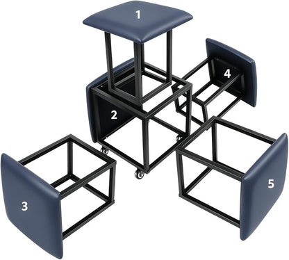 5 in 1 Nesting Ottoman Cube Chair, Stackable Stools, Leather Square Ottoman Bench, Foot Stool with Wheels for Living Room,Dining Room 15.75x15.75x16.54 inches