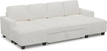 Belffin Modular Sectional Sleeper Sofa with Pull Out Couch Bed Corduroy Double Chaise with Storage Beige Couch