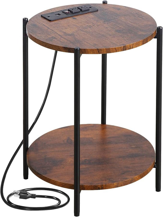 Gawicpy 2 Tier Round Side Table, Folding End Tables Coffee Table Simplistic Sofa Table Waterproof Removable Tray Table Indoor Outdoor Accent Table for Living Room Bedroom (Brown, 1pcs)