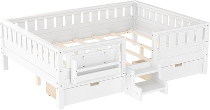 Bellemave Queen Size Kids Bed with high Rails and with Built-in Bookshelf and Drawers for Kids, Girls, Boys, Wood Montessori Bed Without Door, White