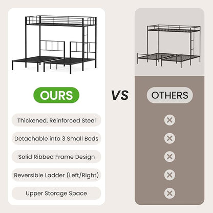 Mixcous Triple Bunk Bed Twin XL Over Twin & Twin, Heavy Duty Metal Bed Convertible to 3 Beds for Teens & Adults, Bunk Bed Frame with Adjustable Ladder, Noise-Free, Ideal for Space-Saving Needs, Black | Converts to 3 beds