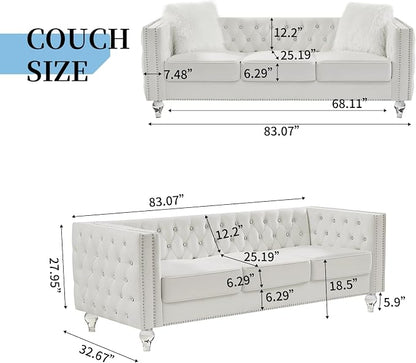 83" Chesterfield Sofa, Velvet Mid-Century Modern Upholstered Couch with 2 Throw Pillows and Acrylic Legs, Nailhead Button Tufted Vintage Sofa for Living Room, Apartment, Office, Beige