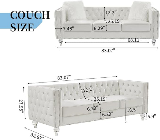 83" Chesterfield Sofa, Velvet Mid-Century Modern Upholstered Couch with 2 Throw Pillows and Acrylic Legs, Nailhead Button Tufted Vintage Sofa for Living Room, Apartment, Office, Beige