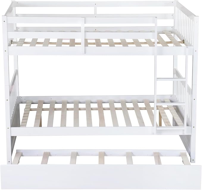 Harper & Bright Designs Convertible Wood Full-Over-Full Bunk Bed with Trundle and Ladder - Can Be Divided Into Two Platform Beds, White