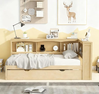 Bellemave Twin Corner Bed Frame with Trundle and USB Ports, Wood Twin Size Daybed with L-Shaped Bookcase，Daybed with Storage Cabinets, Wood Color