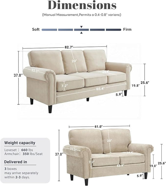 Kingfun Loveseat 2 & 3 Seater Couch with Chair, Mid Century Modern Chenille Sofa Set with Rolled Arms and Deep Seats, Fluffy Comfort for Living Room, Apartment, Easy Assembly, Khaki