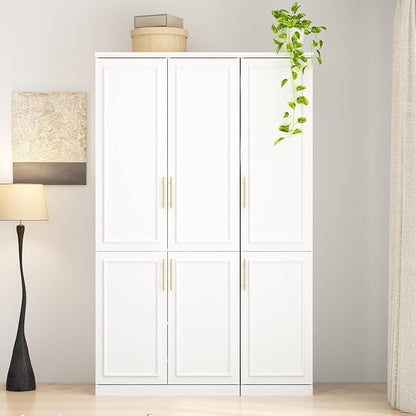WOODTIME Wardrobe Closet with 2 Hanging Rods, Modern Wooden Armoire with 6 Framed Doors & 6 Shelves, Clothes Storage Cabinet Organizer for Bedroom Apartment, White