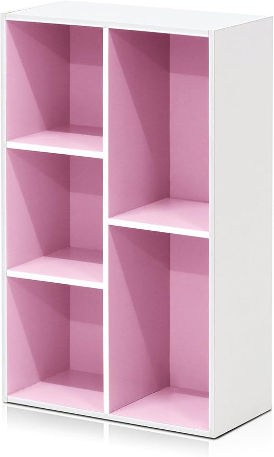 Furinno LUDER Book Shelf, 5-Cube Bookshelf, Reversible Bookcase, 9.4 x 19.5 x 31.5, Easy Assembly, for Living Room, Bedroom, Home Office, White/Pink