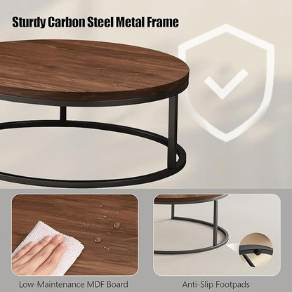 Round Nesting Coffee Table Set of 2, Modern Minimalist Accent Tables for Living Room, Bedroom, Office, Stackable Side Tables (Walnut)