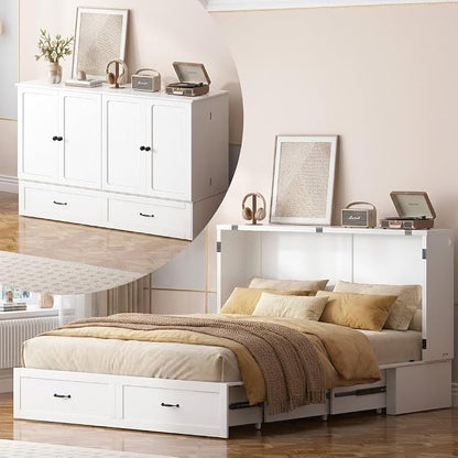 PUREMIND Queen Murphy Bed with Mattress Included, Multi-Functional Hideaway Cabinet Bed with Storage Drawer, USB Charging Port and Folding Bedside Panel, Space Saving Chest Beds Wallbed for Guest Room