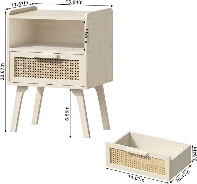 Lerliuo Rattan Nightstand, Side Table with Drawer Open Shelf, Cane Accent Bedside End Table with Solid Wood Legs, Mid Century Modern Night Stand for Bedroom, Dorm and Small Spaces (Grey White)