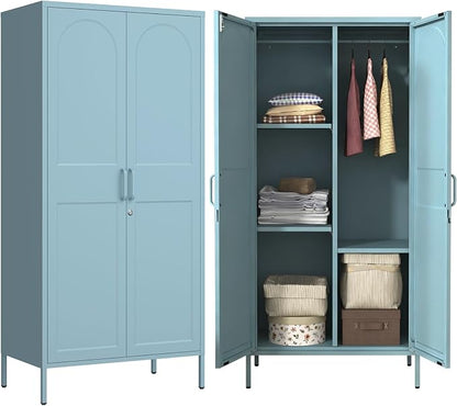 67" Industrial Lockable Metal 2-Door Wardrobe Storage Cabinet with Hanging Rod & Adjustable Shelves, Heavy Duty Multipurpose for Bedroom, Garage, Home Office, Blue 67" H X 31.5" W X 18.1" D