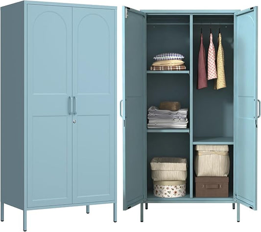 67" Industrial Lockable Metal 2-Door Wardrobe Storage Cabinet with Hanging Rod & Adjustable Shelves, Heavy Duty Multipurpose for Bedroom, Garage, Home Office, Blue 67" H X 31.5" W X 18.1" D