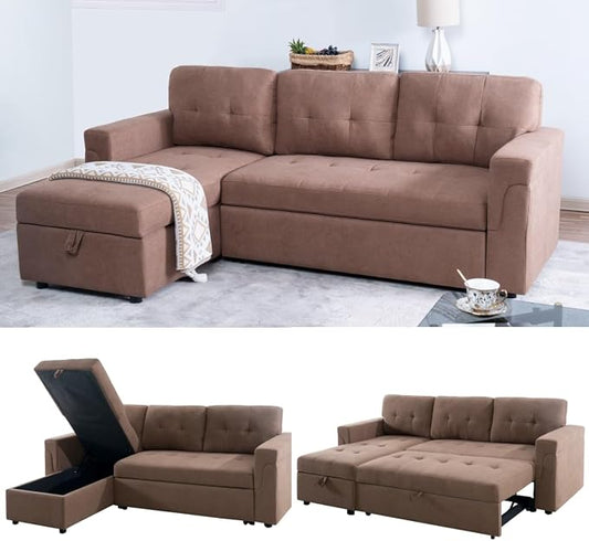 Naomi Home 84" L-Shaped Sectional Sleeper Sofa with Pull Out Bed | Sleeps Guests Comfortably, Stores Essentials in Chaise & Saves Space, Velvet, Mocha Convertible Sofa Bed