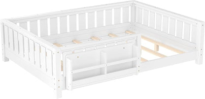 Bellemave White Montessori Floor Bed with Fence and Slats, Full Size Montessori Floor Bed with Bookcase and High Rails, Easy Assemble Bed Frame for Girls, Boys, Full