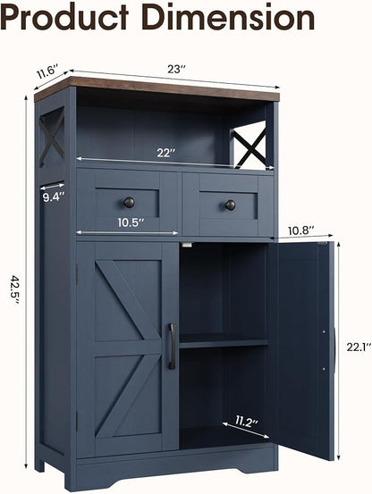 Blue Farmhouse Storage Cabinet Set of 2, Small Kitchen Pantry Storage Cabinet with Drawers and Adjustable Shelves, Sideboard Buffet Coffee Bar Cabinet for Living Room/Dining Room/Bathroom/Home Office