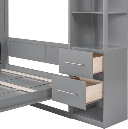 Queen Murphy Bed Cabinet, Space Saving Wall Bed with Storage and Lights | Flexible slats support an 8-inch mattress, while 2 four-layer shelves and 4 drawers help keep essentials organized