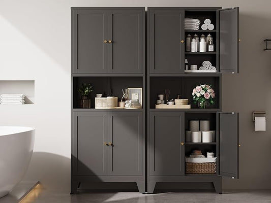 Metal Storage Cabinet, 69" Tall Bathroom Cabinets with 4 Doors & 3 Adjustable Shelves Large Cupboard, Black Metal Pantry Cabinets for Kitchen, Home Office, Garage, Warehouse