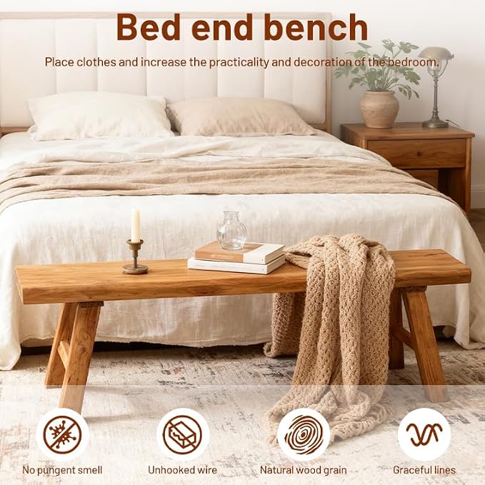 Wooden Bench Indoor Farmhouse Skinny Entryway Bench Hallway Foyer | Rustic Indoor Bench for End of Bed, Norrow Solid Wood Benches for Bedroom Living Room(39.37in)