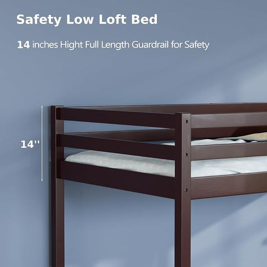 VINGLI 47'' Tall Junior Low Loft Bed with Stairs, Wood Loft Bed Twin Size for Adults, Kids and Young Teens, No Box Spring Required,Wood Slat Support, Espresso