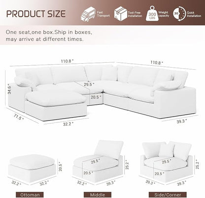 Cloud Modular Sectional Sofa,221.6" Down Filled Sofa 5 Seat with Chaise,Minimalist Sofa Cover Washable and Replaceable Couches for Living Room,Sectional Sofa Deep Seat