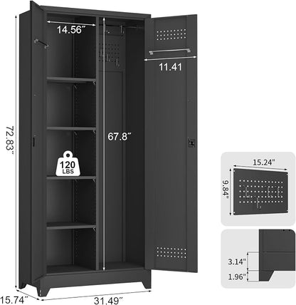 72.8" H Metal Broom Closet Storage Cabinet, Garage Storage Cabinet with Pegboard & Hanging Rod Hooks for Garage Home,Black