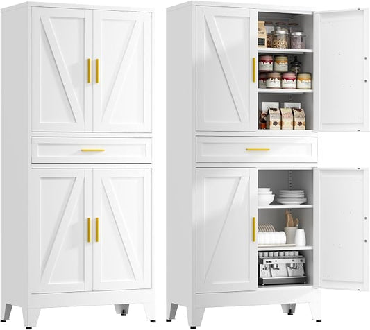 71" Tall Kitchen Pantry Cabinet,Farmhouse Pantry Cabinet,Metal Cabinet with Adjustable Shelves and Drawer,Storage Cabinet for Kitchen Dining Room Garage,White 1 Pack