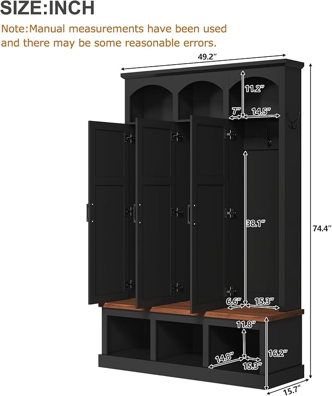 Merax Classic Arched Hall Tree with 3 Hidden Storage, Farmhouse Mudroom Bench with 5 Hooks, Mid-Century Entryway Organizer for Shoes, Black