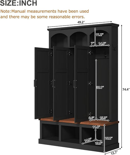 Merax Classic Arched Hall Tree with 3 Hidden Storage, Farmhouse Mudroom Bench with 5 Hooks, Mid-Century Entryway Organizer for Shoes, Black