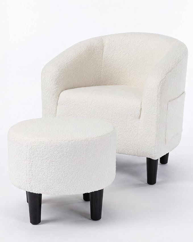 GarveeHome Accent Chair with Ottoman, Boucle Barrel Chair for Bedroom, Soft Armchair with Footstool, Modern Living Room Chair for Small Space, Beige