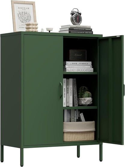 Metal Locker Storage Cabinet, Accent Sideboard Cabinet with Adjustable Shelves for Home Office, Garage, Kitchen, Living Room, Kitchen (Green, 40" H-Metal Doors)