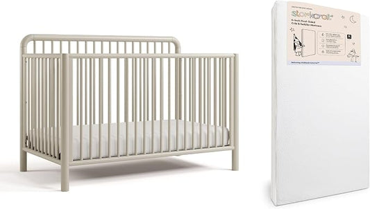 Storkcraft Porto 5-in-1 Convertible Crib with Toddler Guardrail & Storkcraft 6-Inch Grow-with Me Premium Waterproof Dual-Sided Crib & Toddler Bed Mattress (Frosted Oat) – GREENGUARD Gold Certified