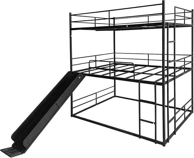 Triple Bunk Bed with Slide, Full Over Full Over Full Metal Bunk Bed with Guardrail and Ladder, Heavy Duty Triple Bed Frame for 3 Teenagers/Adults, No Box Spring Needed,Easy Assembly
