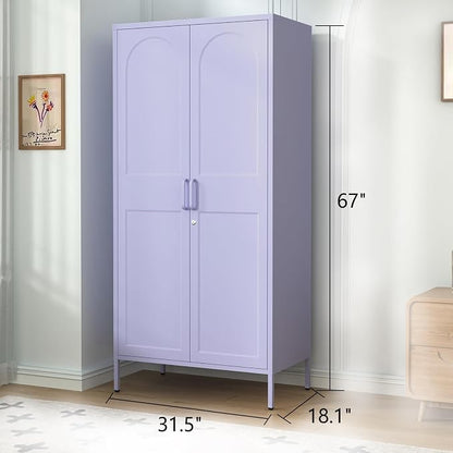 67" Industrial Lockable Metal 2-Door Wardrobe Storage Cabinet with Hanging Rod & Adjustable Shelves, Heavy Duty Multipurpose for Bedroom, Garage, Home Office, Purple 67" H X 31.5" W X 18.1" D