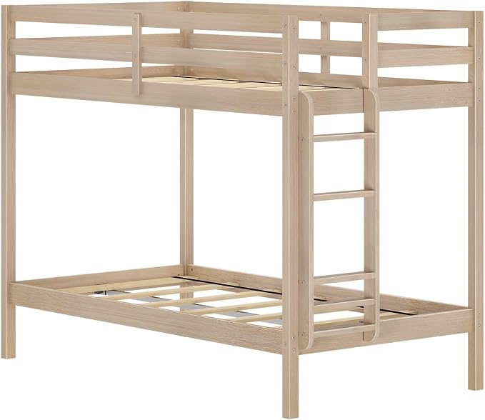 Grain & Grove Bear Twin Over Twin Bunk Bed, Sturdy Bunk Bed Frame for Kids, Plywood Bunk with Ladder, Guardrail, and Slats, No Box Spring Required, Oak Embossed Natural