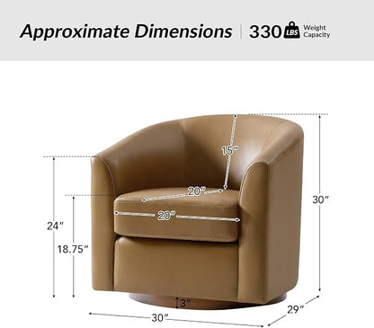 HULALA HOME Genuine Leather Swivel Barrel Chair, Round Swivel Accent Chair with Solid Wood Base, No Assembly Required, Camel