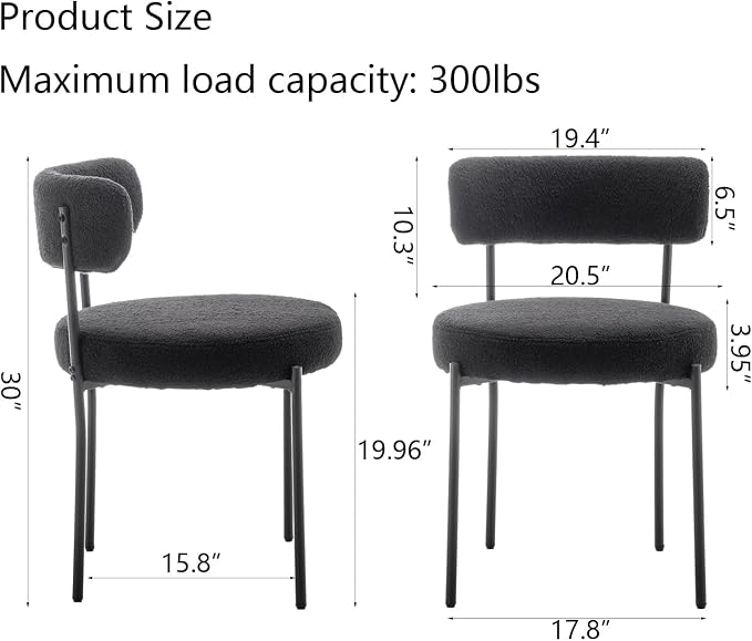 Cinxzar Black Boucle Dining Chairs Set of 2, Upholstered Dining Room Chairs with Black Metal Legs, Round Modern Dining Chair for Dining Room, Kitchen
