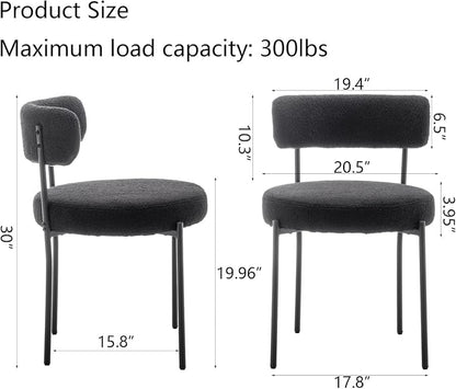 Cinxzar Black Boucle Dining Chairs Set of 2, Upholstered Dining Room Chairs with Black Metal Legs, Round Modern Dining Chair for Dining Room, Kitchen