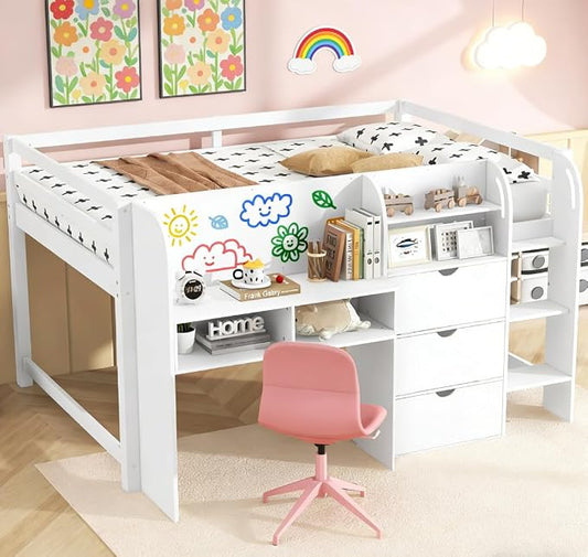 Bellemave Full Size Low loft Bed with Desk, for Kids,Wood Modern Farmhouse Full Loft Bed with Storage Cabinets,Bookcase, No Box Spring Needed, White
