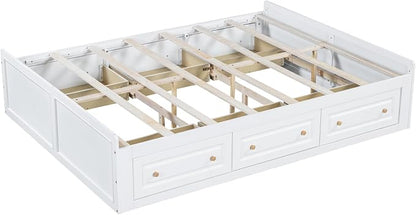 Merax Wood Queen Size Platform Bed Frame with 6 Drawers, Storage Bed Frame Without Headboard for Kids Teens and Adults, White
