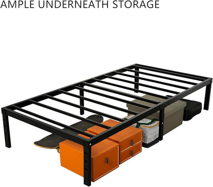 Wulanos Twin Size Bed Frame, 3500lbs Heavy Duty Metal Platform with Steel Slats Support, No Box Spring Needed, 14 inches high Bedframe with Ample Storage, Sturdy and Noise-Free, Black