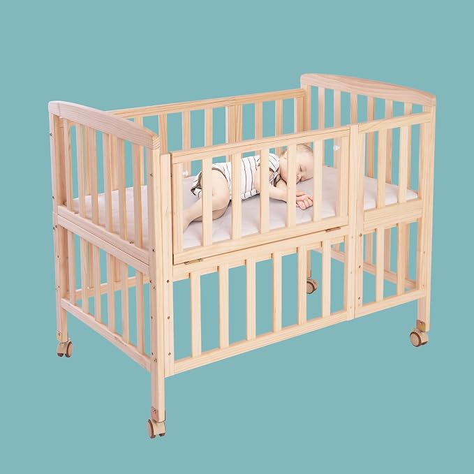 Flwrgirl Mini Baby Crib with Mattress,Portable Bedside Bassinet Sleeper,5 Adjustable Heights,Wood Nursery Crib with Locking Wheels,Compact Baby Bed for Newborns Infants,Unpainted