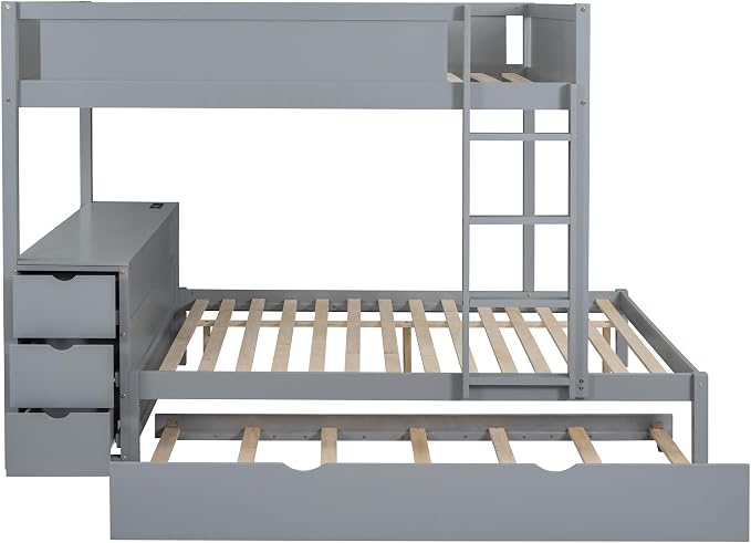 Harper & Bright Designs Full Over Full Bunk Bed with Twin Size Trundle, Wood Full Bunk Bed with USB Ports, Storage and Desk, Gray